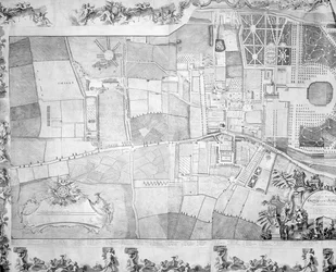 Detail (linke Seite) des Plans des Kensington Palace von Joshua Rhodes, 1764